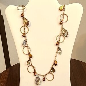 Antique Gold Necklace with Brown Beads, Circles, Large & Small Pendants
